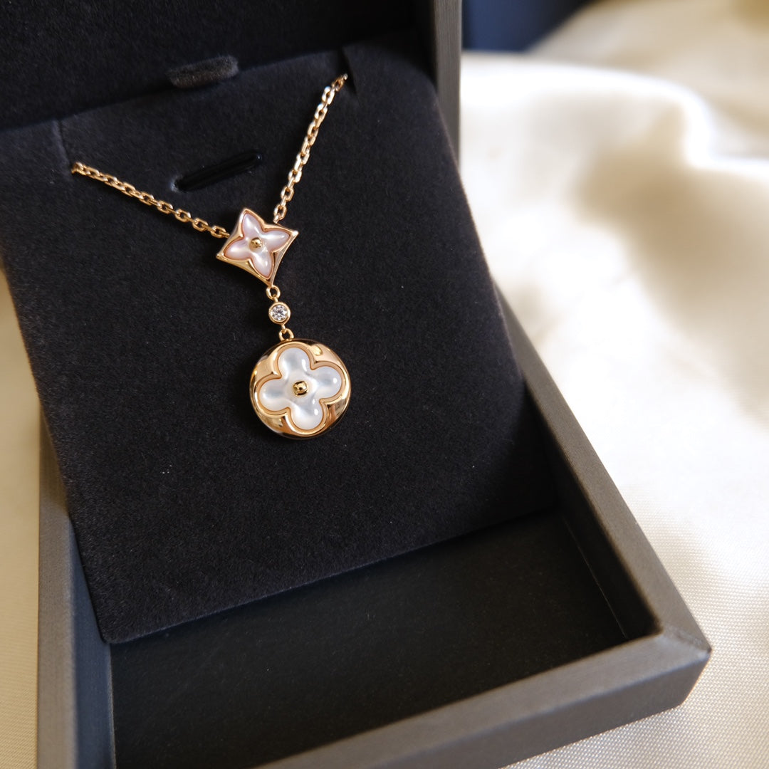 [Panda Jewelry]STAR AND SUN WHITE MOP 2 MOTIF PINK GOLD NECKLACE