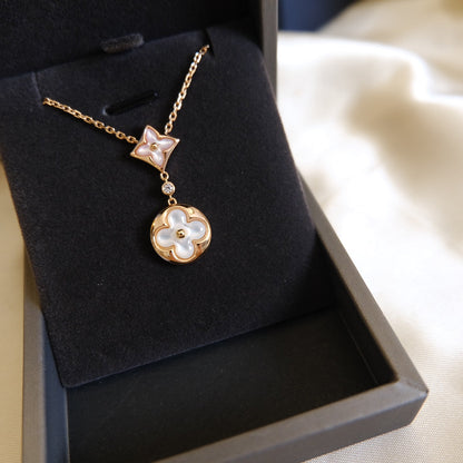 [Panda Jewelry]STAR AND SUN WHITE MOP 2 MOTIF PINK GOLD NECKLACE
