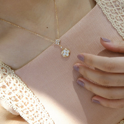 [Panda Jewelry]STAR AND SUN WHITE MOP 2 MOTIF PINK GOLD NECKLACE
