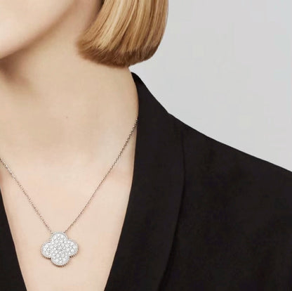[Panda Jewelry]CLOVER 25MM LARGE PENDANT DIAMOND PAVED SILVER NECKLACE