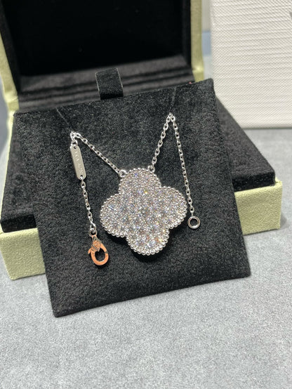 [Panda Jewelry]CLOVER 25MM LARGE PENDANT DIAMOND PAVED SILVER NECKLACE