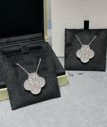 [Panda Jewelry]CLOVER 25MM LARGE PENDANT DIAMOND PAVED SILVER NECKLACE