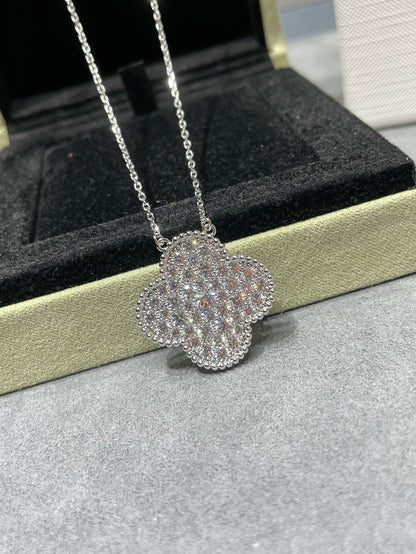 [Panda Jewelry]CLOVER 25MM LARGE PENDANT DIAMOND PAVED SILVER NECKLACE