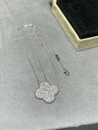 [Panda Jewelry]CLOVER 25MM LARGE PENDANT DIAMOND PAVED SILVER NECKLACE