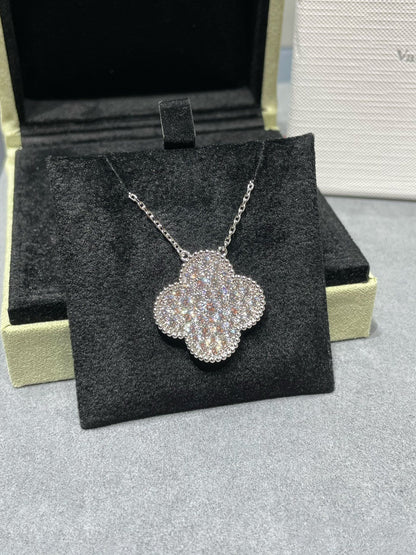 [Panda Jewelry]CLOVER 25MM LARGE PENDANT DIAMOND PAVED SILVER NECKLACE