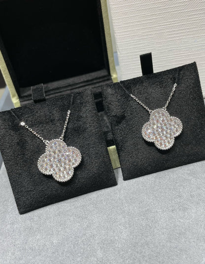 [Panda Jewelry]CLOVER 25MM LARGE PENDANT DIAMOND PAVED SILVER NECKLACE