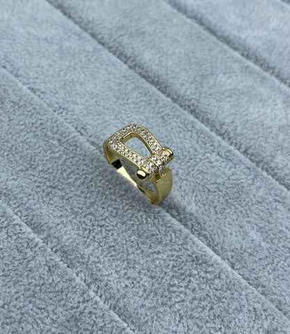[Panda Jewelry]Wide Hoof-Shaped Diamond-Studded Ring