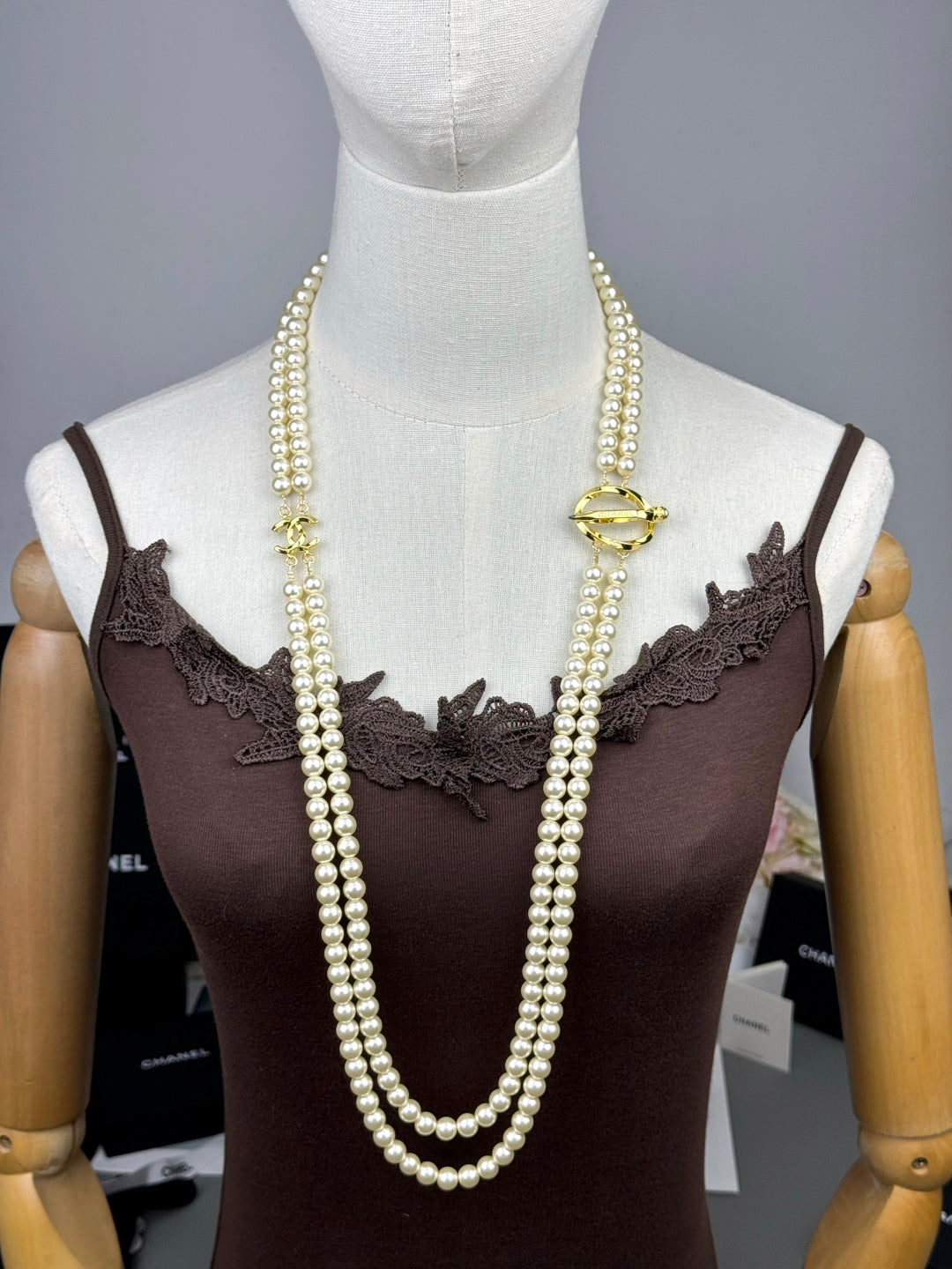 [Panda Jewelry]25K Pencil Double C Double-Layer Pearl Sweater Chain
