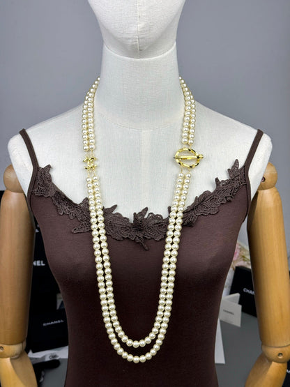 [Panda Jewelry]25K Pencil Double C Double-Layer Pearl Sweater Chain