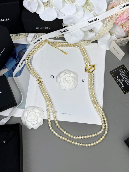 [Panda Jewelry]25K Pencil Double C Double-Layer Pearl Sweater Chain