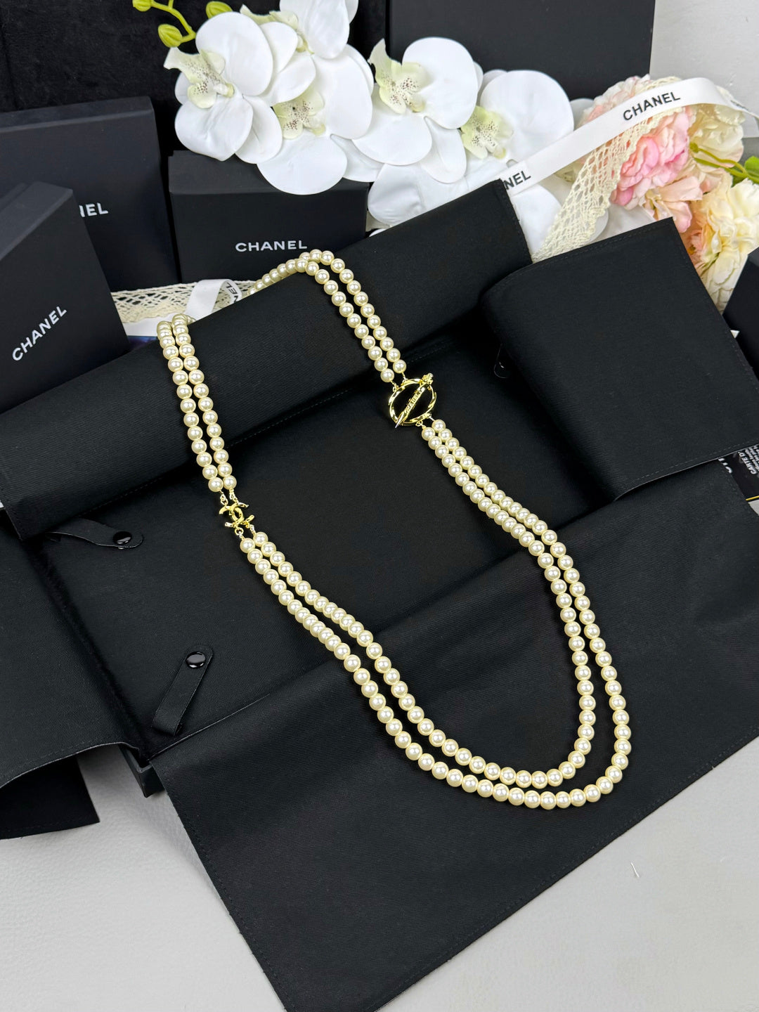 [Panda Jewelry]25K Pencil Double C Double-Layer Pearl Sweater Chain