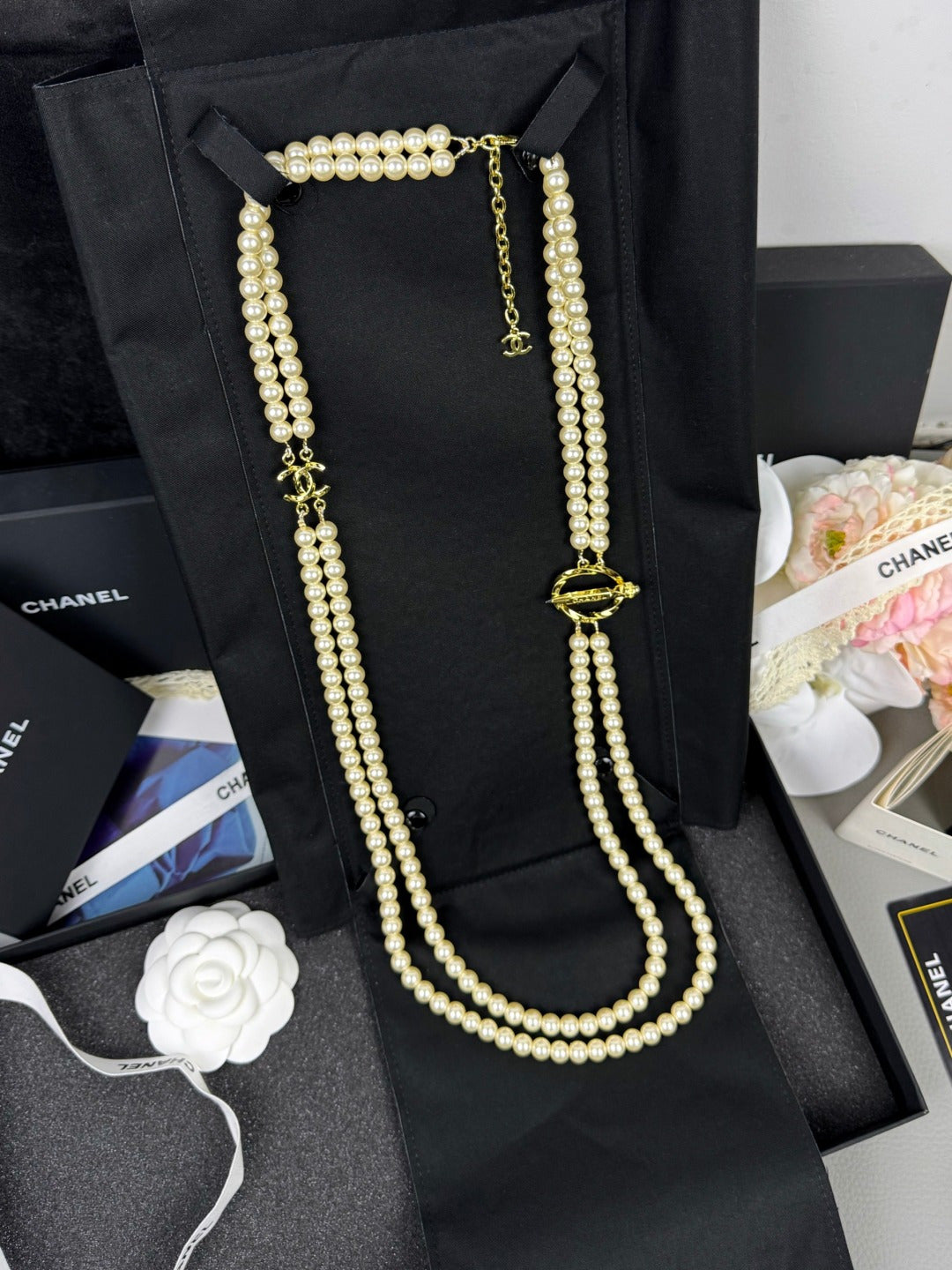 [Panda Jewelry]25K Pencil Double C Double-Layer Pearl Sweater Chain