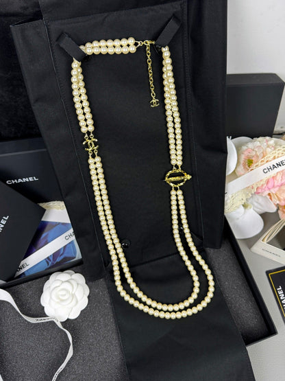 [Panda Jewelry]25K Pencil Double C Double-Layer Pearl Sweater Chain