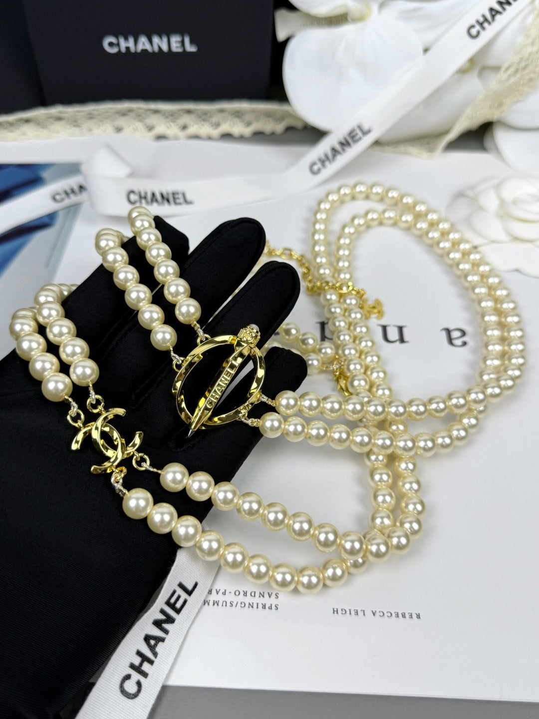 [Panda Jewelry]25K Pencil Double C Double-Layer Pearl Sweater Chain
