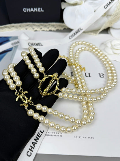 [Panda Jewelry]25K Pencil Double C Double-Layer Pearl Sweater Chain