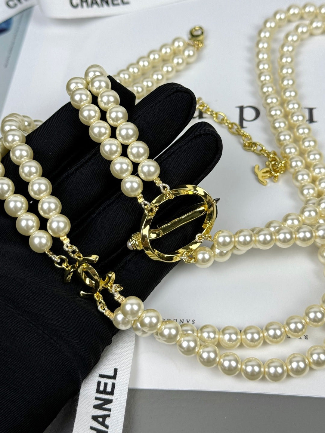 [Panda Jewelry]25K Pencil Double C Double-Layer Pearl Sweater Chain