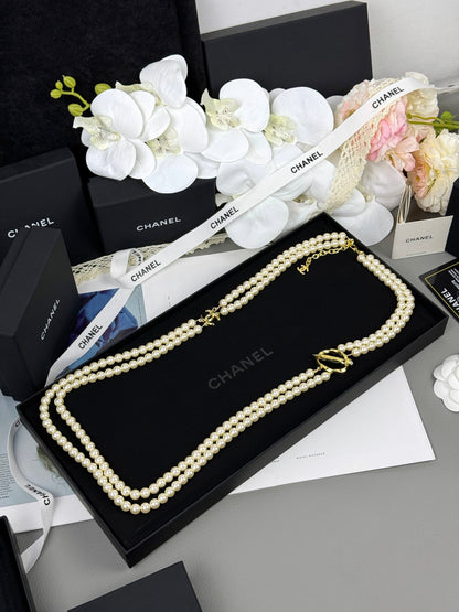 [Panda Jewelry]25K Pencil Double C Double-Layer Pearl Sweater Chain