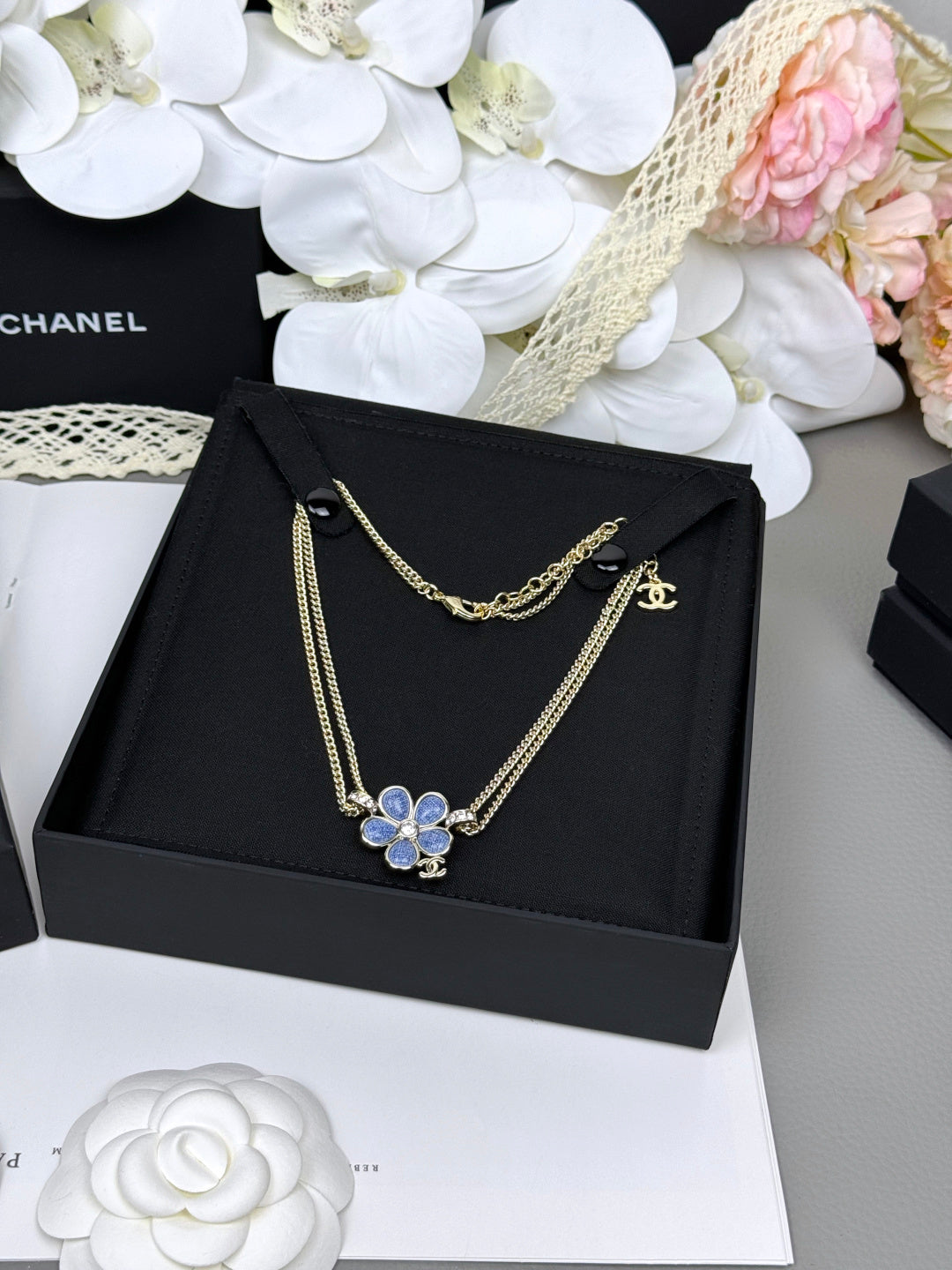 [Panda Jewelry]New Blue Floral Double-Layer Necklace