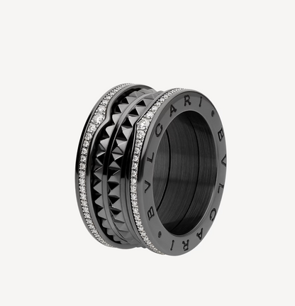 [Panda Jewelry]ZERO 1 ROCK FOUR-BAND BLACK CERAMIC WITH STUDDED SPIRAL AND PAVED DIAMONDS RING