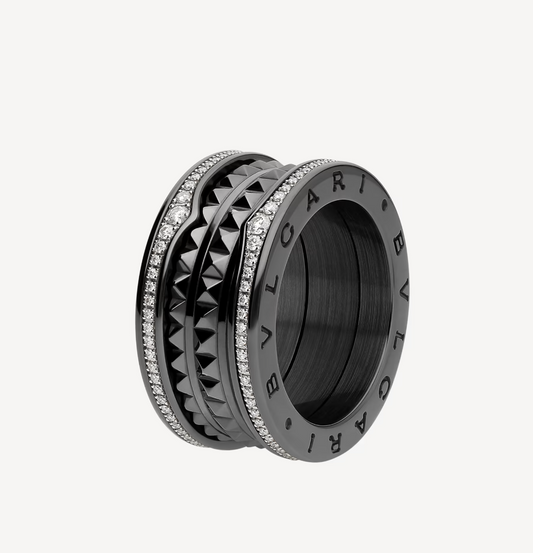 [Panda Jewelry]ZERO 1 ROCK FOUR-BAND BLACK CERAMIC WITH STUDDED SPIRAL AND PAVED DIAMONDS RING