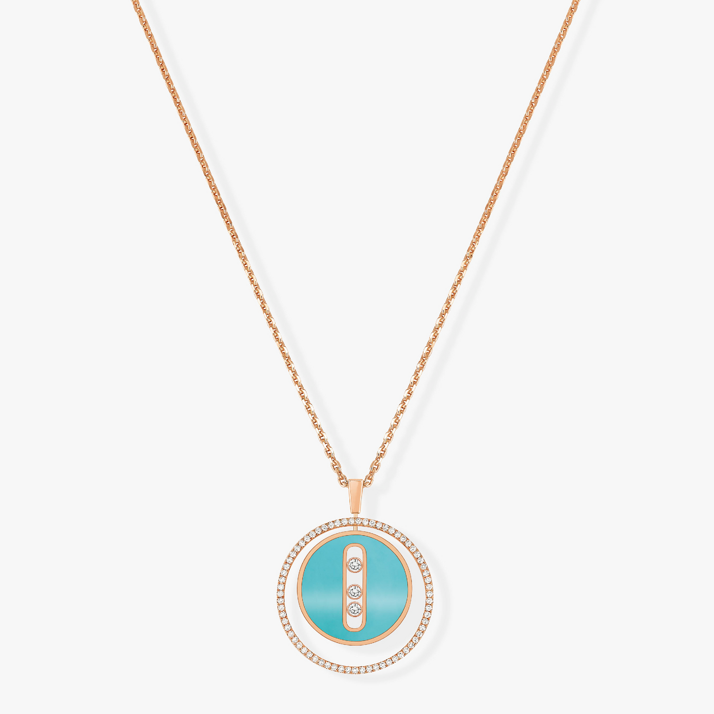 [Panda Jewelry]LUCKY MOVE 3 DIAMONDS TURQUOISE PINK GOLD DIAMOND NECKLACE