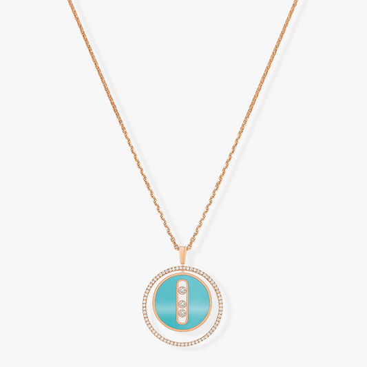 [Panda Jewelry]LUCKY MOVE 3 DIAMONDS TURQUOISE PINK GOLD DIAMOND NECKLACE
