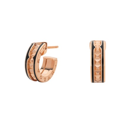 [Panda Jewelry]ZERO 1 ROCK PINK GOLD EARRINGS WITH STUDDED SPIRAL AND BLACK CERAMIC