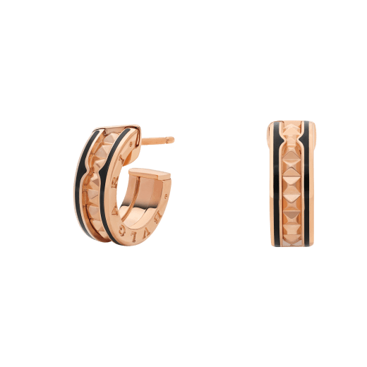 [Panda Jewelry]ZERO 1 ROCK PINK GOLD EARRINGS WITH STUDDED SPIRAL AND BLACK CERAMIC