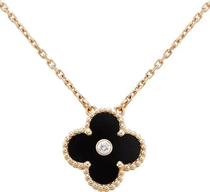 [Panda Jewelry]CLOVER 15MM DIAMOND ONYX NECKLACE