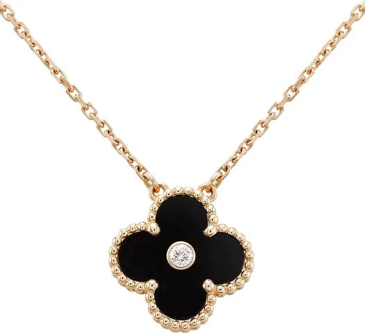 [Panda Jewelry]CLOVER 15MM DIAMOND ONYX NECKLACE