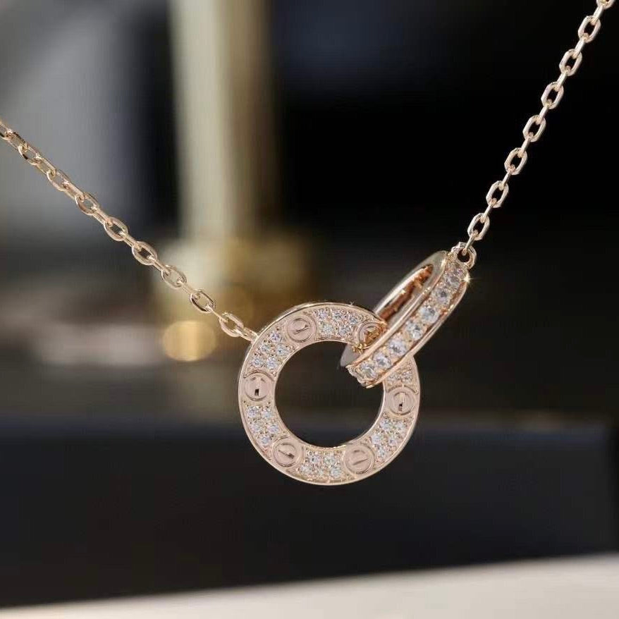 [Panda Jewelry]LOVE 7.6MM NECKLACE ROSE GOLD AND SILVER  FULL DIAMOND