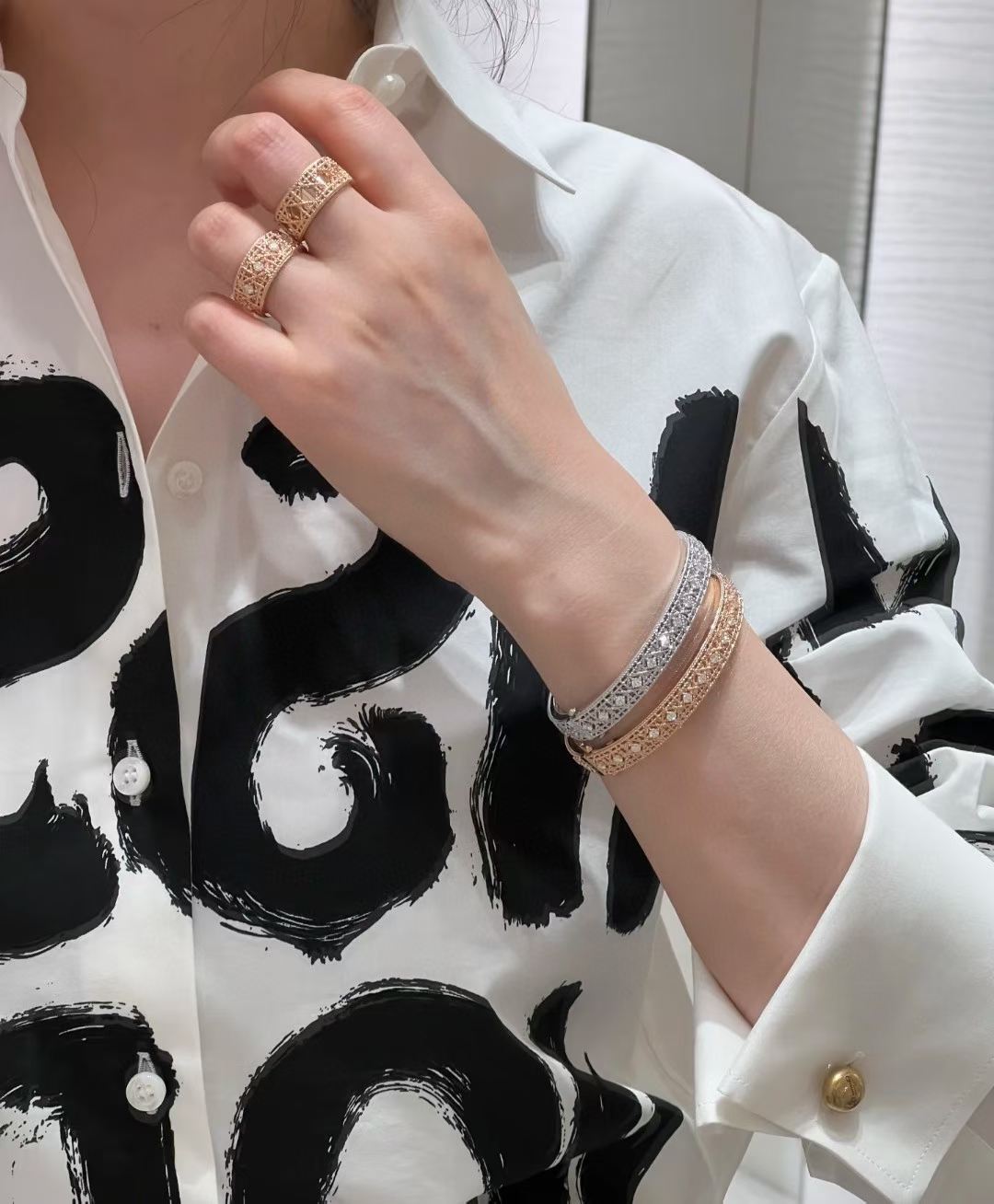 [Panda Jewelry]2026 WOVEN-PATTERN BRACELET SET WITH FULL DIAMOND INLAY THREE-COLORS