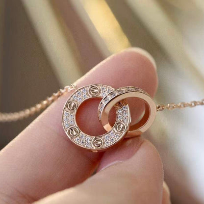 [Panda Jewelry]LOVE 7.6MM NECKLACE ROSE GOLD AND SILVER  FULL DIAMOND