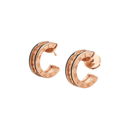 [Panda Jewelry]ZERO 1 ROCK PINK GOLD EARRINGS WITH STUDDED SPIRAL AND BLACK CERAMIC