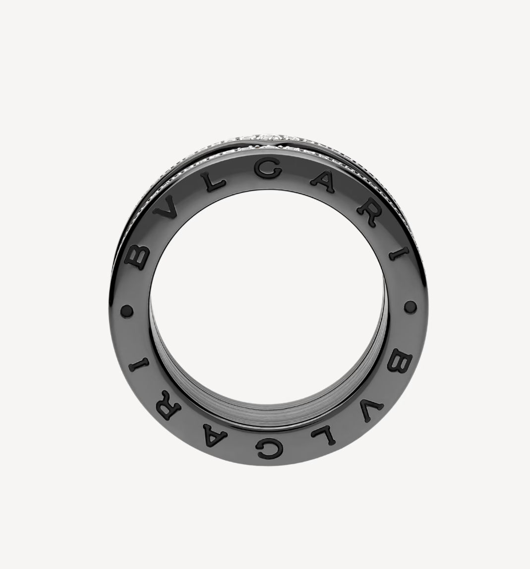 [Panda Jewelry]ZERO 1 ROCK FOUR-BAND BLACK CERAMIC WITH STUDDED SPIRAL AND PAVED DIAMONDS RING