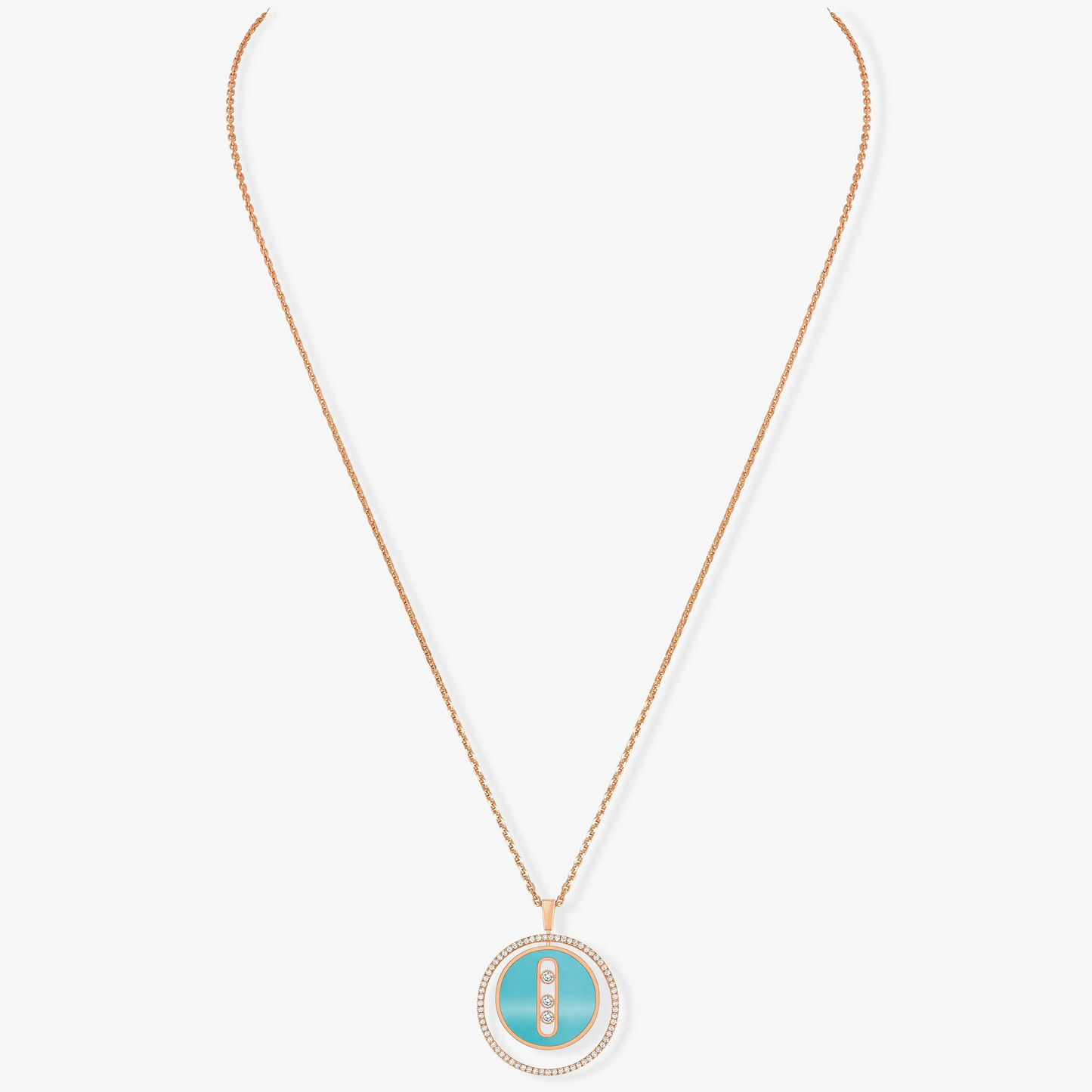 [Panda Jewelry]LUCKY MOVE 3 DIAMONDS TURQUOISE PINK GOLD DIAMOND NECKLACE