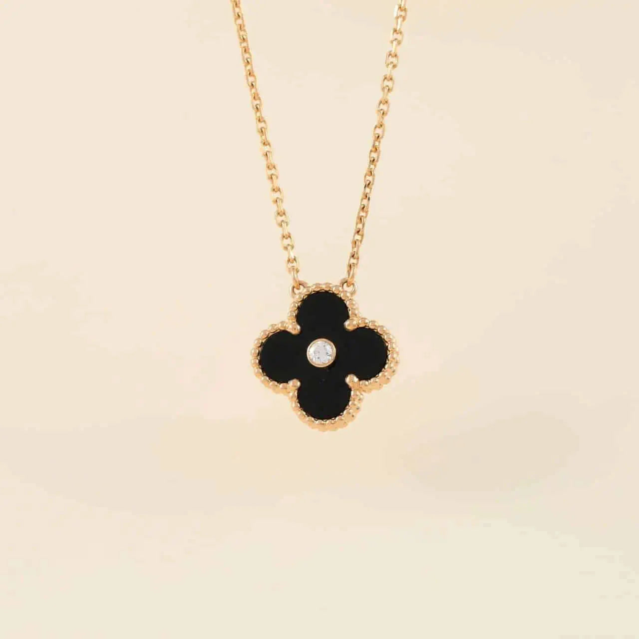 [Panda Jewelry]CLOVER 15MM DIAMOND ONYX NECKLACE