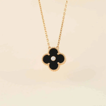 [Panda Jewelry]CLOVER 15MM DIAMOND ONYX NECKLACE