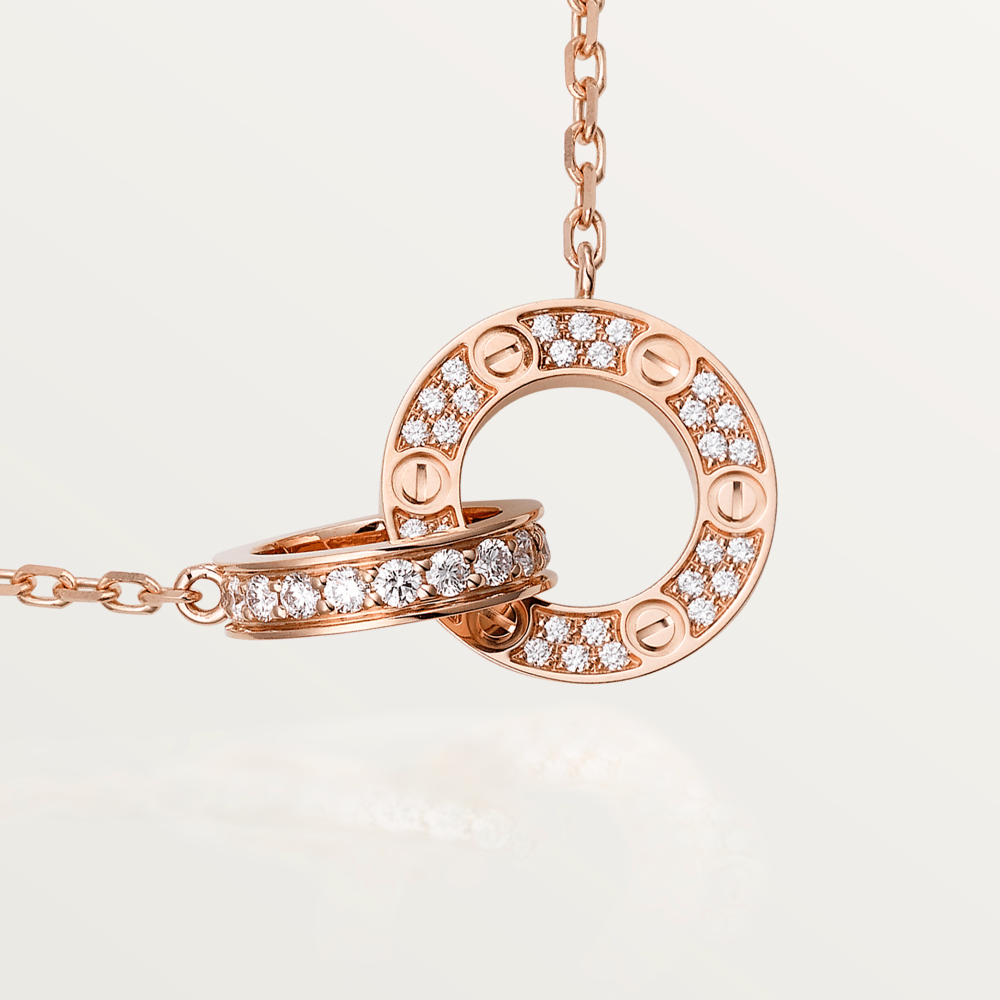 [Panda Jewelry]LOVE 7.6MM NECKLACE ROSE GOLD AND SILVER  FULL DIAMOND