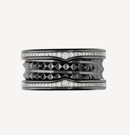 [Panda Jewelry]ZERO 1 ROCK FOUR-BAND BLACK CERAMIC WITH STUDDED SPIRAL AND PAVED DIAMONDS RING