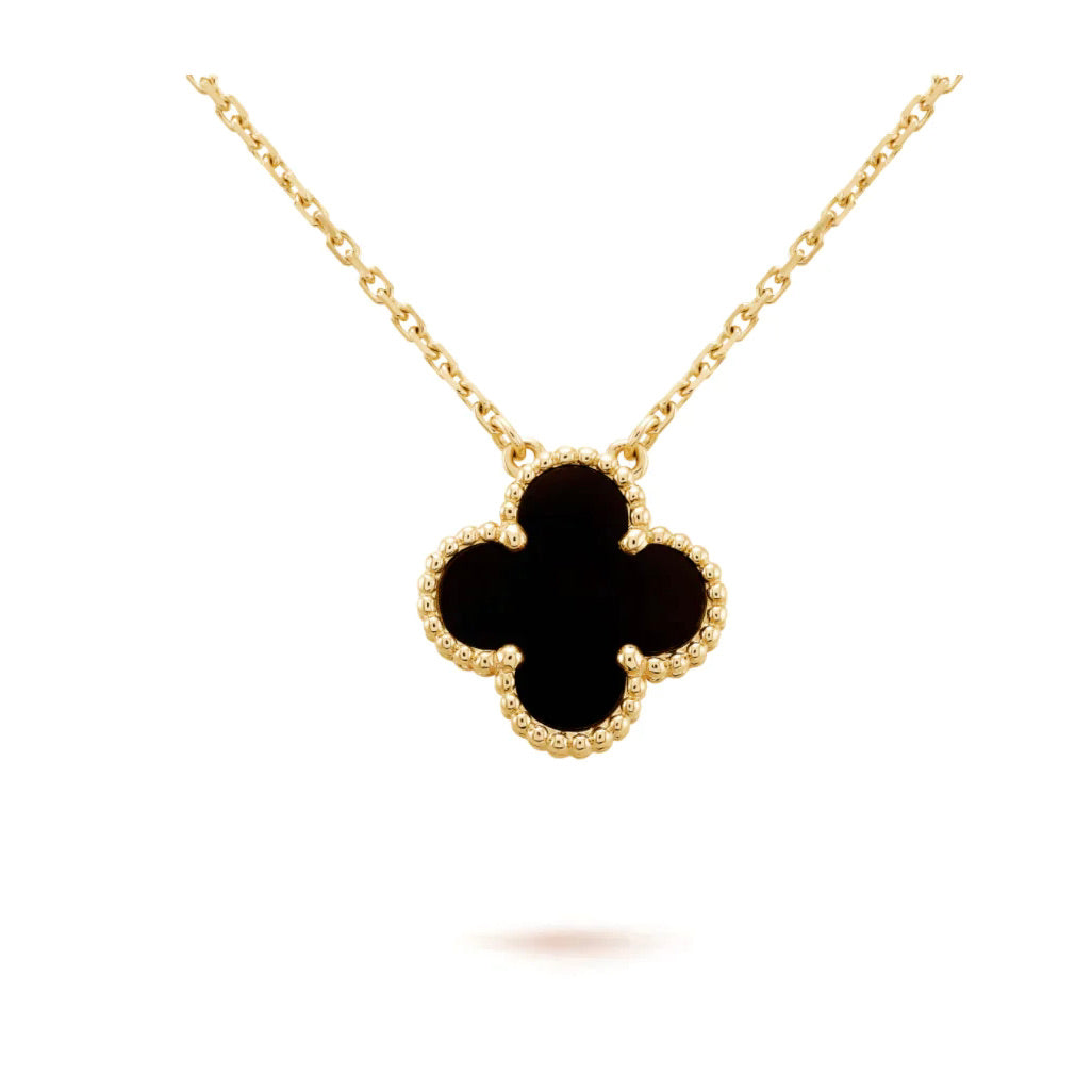 [Panda Jewelry]CLOVER 15MM BLACK ONYX SINGLE FLOWER NECKLACE