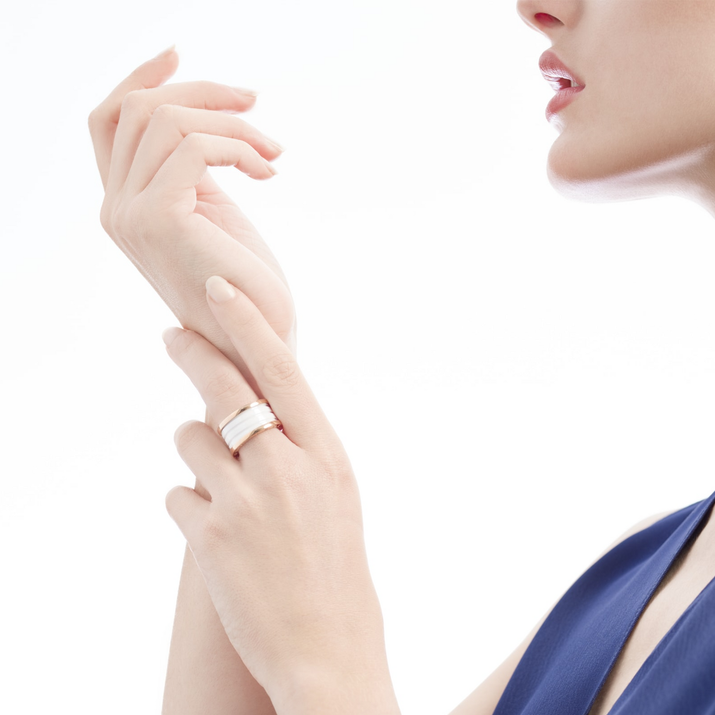 [Panda Jewelry]ZERO 1 FOUR-BAND LOOPS AND WHITE CERAMIC SPIRAL PINK GOLD RING