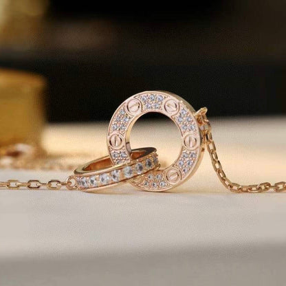 [Panda Jewelry]LOVE 7.6MM NECKLACE ROSE GOLD AND SILVER  FULL DIAMOND