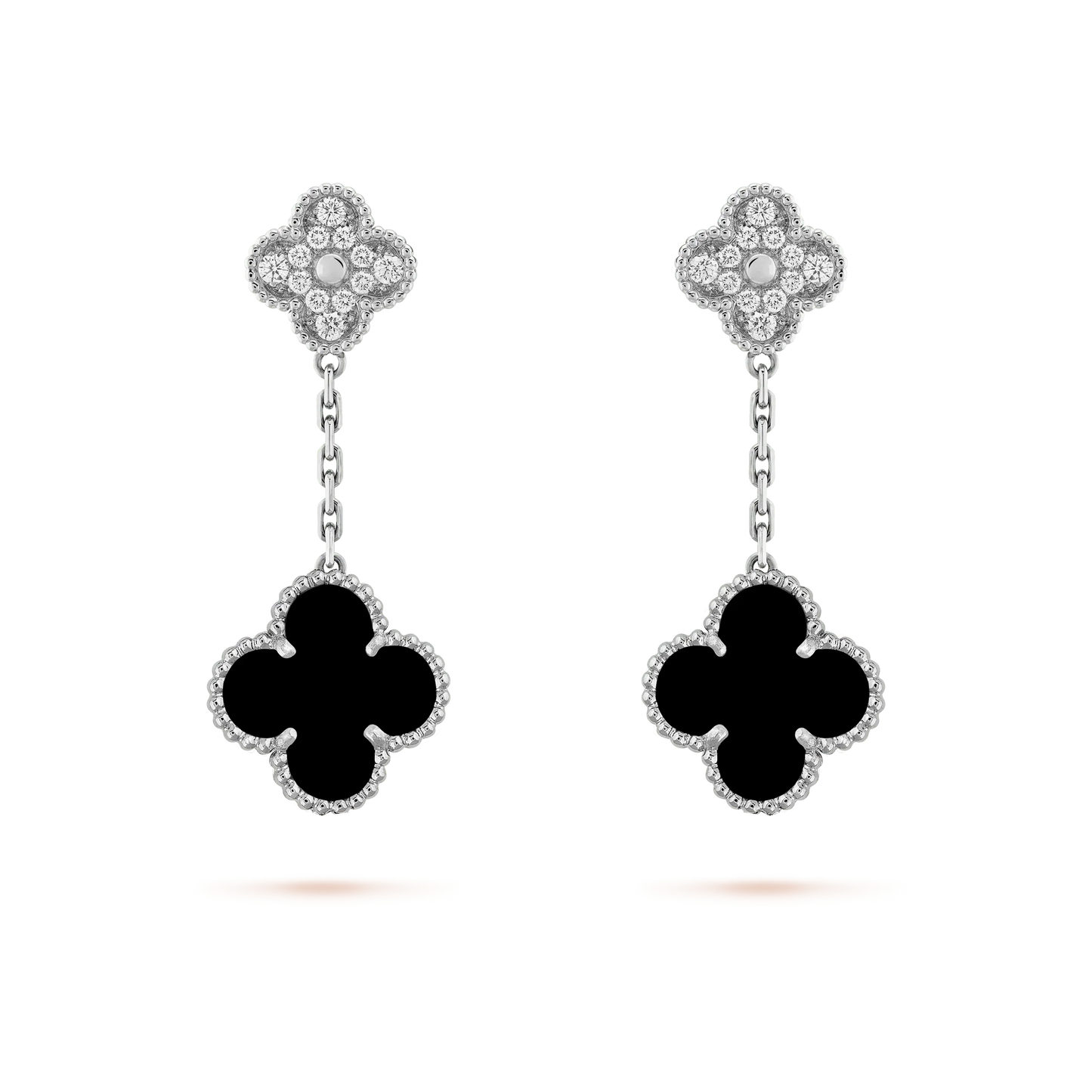 [Panda Jewelry]CLOVER 2 MOTIFS  DIAMOND ONYX EARRINGS SILVER