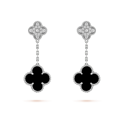[Panda Jewelry]CLOVER 2 MOTIFS  DIAMOND ONYX EARRINGS SILVER