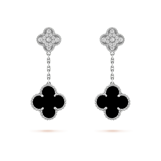 [Panda Jewelry]CLOVER 2 MOTIFS  DIAMOND ONYX EARRINGS SILVER