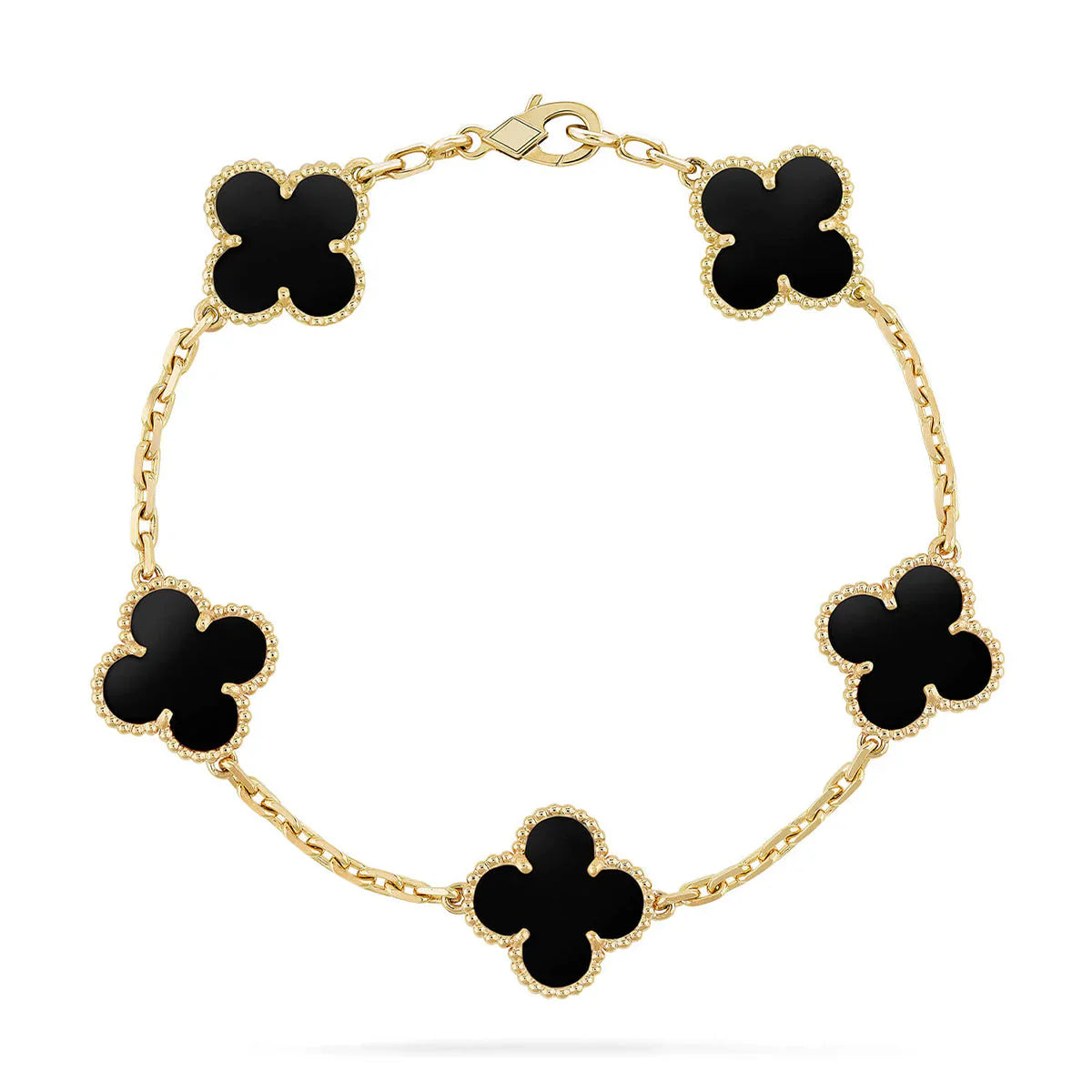 [Panda Jewelry]FIVE MOTIF FOUR-LEAF CLOVER BLACK ONYX 18K SOLID GOLD BRACELET (40% DEPOSIT)