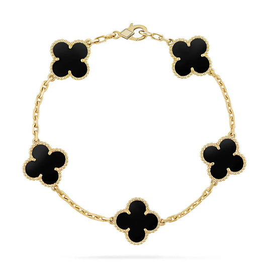 [Panda Jewelry]FIVE MOTIF FOUR-LEAF CLOVER BLACK ONYX 18K SOLID GOLD BRACELET (40% DEPOSIT)
