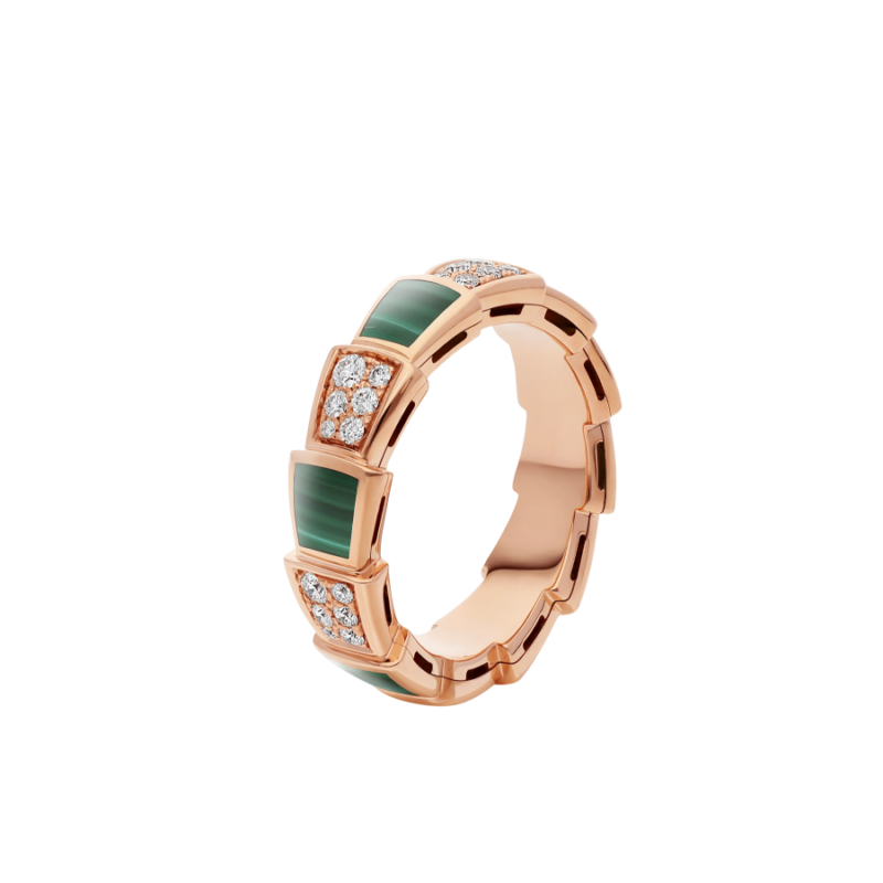 [Panda Jewelry]SERPENTI RING PINK GOLD MALACHITE DIAMOND PAVED 4MM