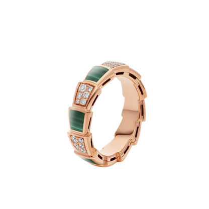 [Panda Jewelry]SERPENTI RING PINK GOLD MALACHITE DIAMOND PAVED 4MM